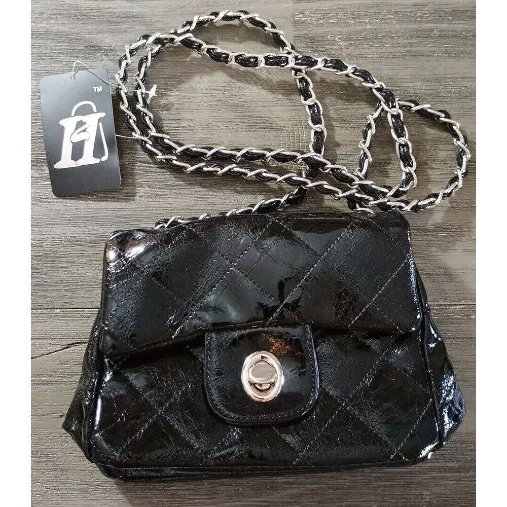 Black Faux Patent Leather Silver Tone Crossbody New